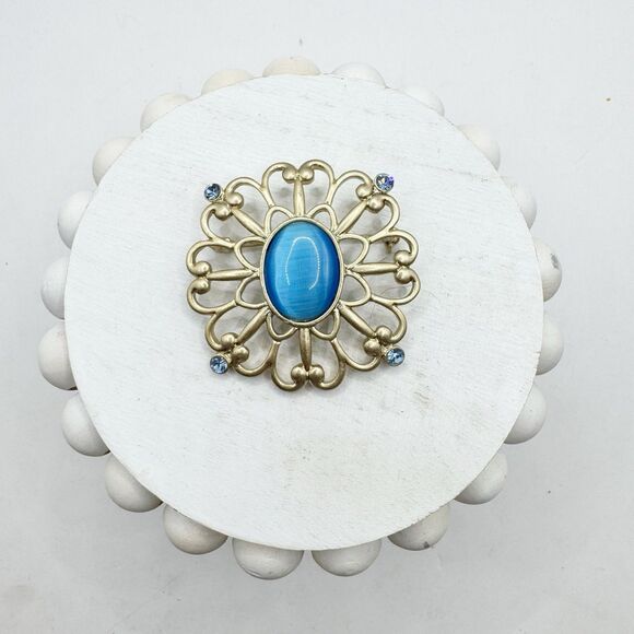 Crazyhorse Liz Claiborne Blue Cat’s Eye Large Open Scrollwork Brooch Pin - Picture 4 of 7